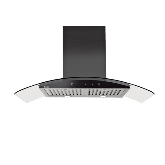 GLEN Curved Glass Kitchen Chimney | 90cm, 1250 m³/h Suction | Touch Sensor Control, Baffle Filter, Powerful Italian Motor – Silver (6071 TS 90)