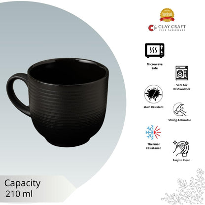 Claycraft Horizon Pebble Black Coffee & Tea Mugs Set of 6 (210 ml)