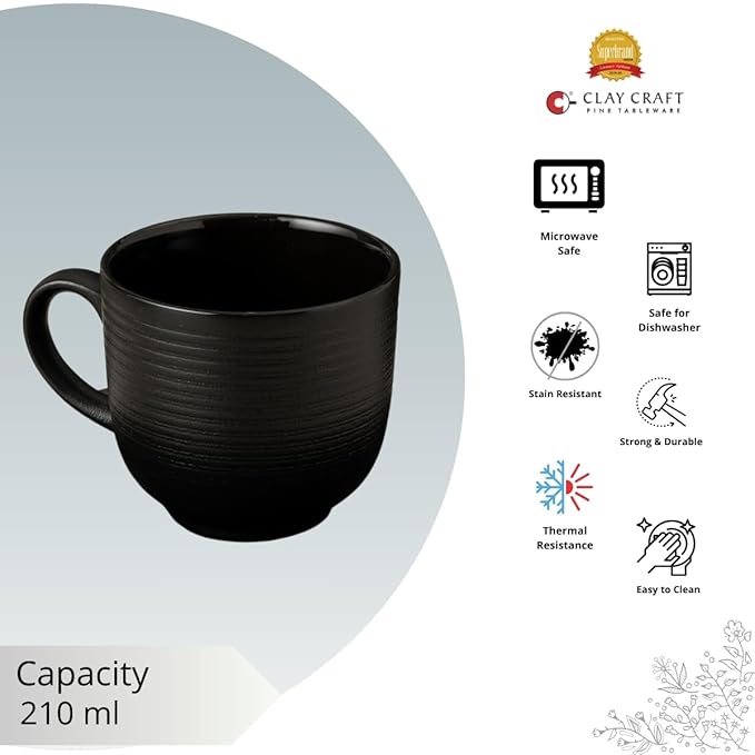 Claycraft Horizon Pebble Black Cup & Saucer, Set of 12 (6 Cups + 6 Saucers) (220 ml)