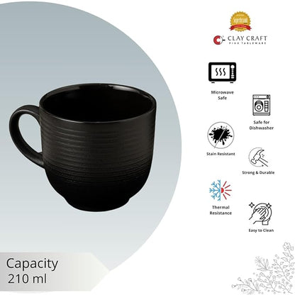 Claycraft Horizon Pebble Black Cup & Saucer, Set of 12 (6 Cups + 6 Saucers) (220 ml)