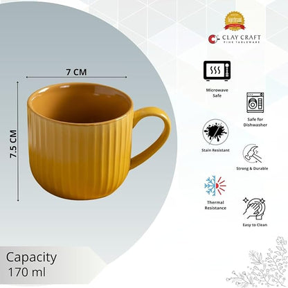Claycraft Linea Pebble Mustard Cup & Saucer, Set of 12 (6 Cups + 6 Saucers) (170 ml)