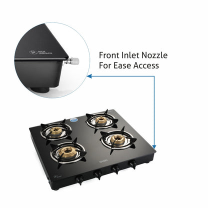 4 Burner Glass Gas Stove 1 High Flame 3 Brass Burners Black (1040 GTXL HF BB BL)