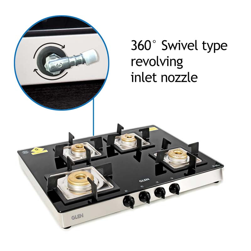 4 Burner Glass Gas Stove 1 High Flame 3 Forged Brass Burner 70 CM (1048 GT SQFB)