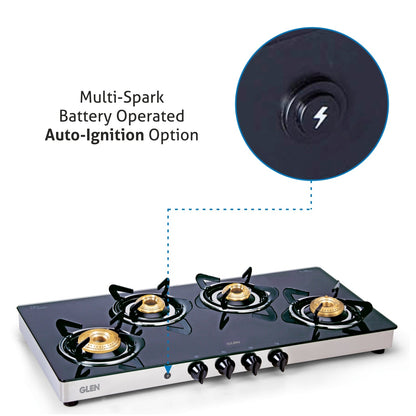 4 Burner Glass Gas Stove Extra Wide 1 High Flame 3 Brass Burners Auto Ignition (1044 GTXLAI)