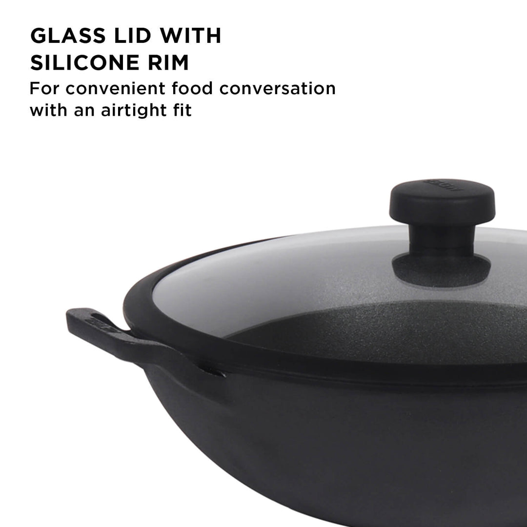 Meyer Pre- Seasoned Cast Iron 3 Piece Cookware Set - 20cm Frypan + 20cm Kadai with Interchangeable Lid