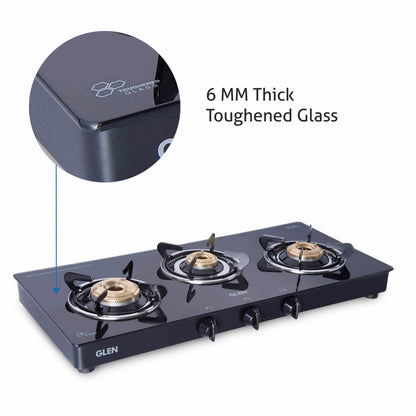 GLEN 3 Burner PNG Glass Gas Stove with High Flame Brass Burner Extra Large Black (CT1033GTXLBBBLPN)