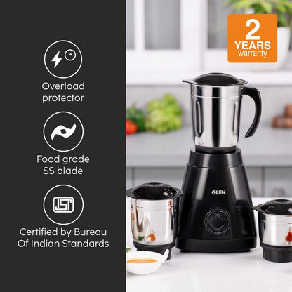 GLEN Mixer Grinder 550W with 3 Stainless Steel Liquidiser, Grinder and Chutney Jars - Black (4021)