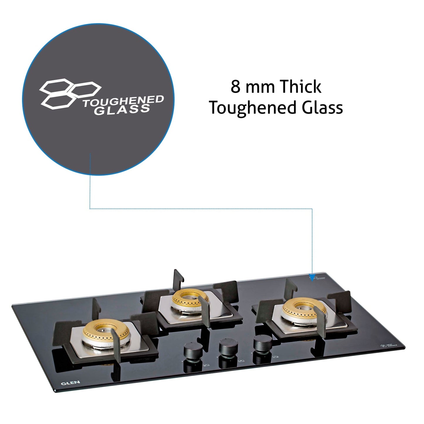 3 Burner Built in Glass Hob with Italian Double Ring Brass Burner Auto Ignition  (1073 SQ IN BB)