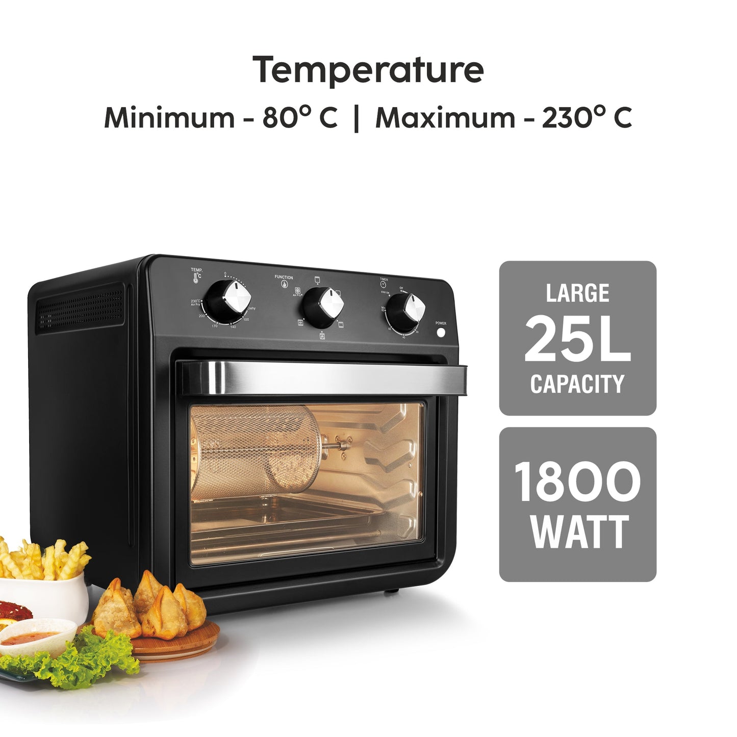 GLEN Air Fryer Oven 25 Litre Time and Temperature Control, 1800W - Black (3050 AFO)