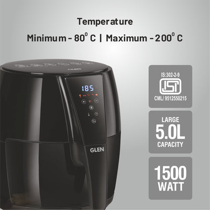 GLEN Air Fryer, 5.0 Litre Digital Controls, 6 Pre Set Menu Timer, Temperature Control, 1500W -Black (SA3041DIGI)