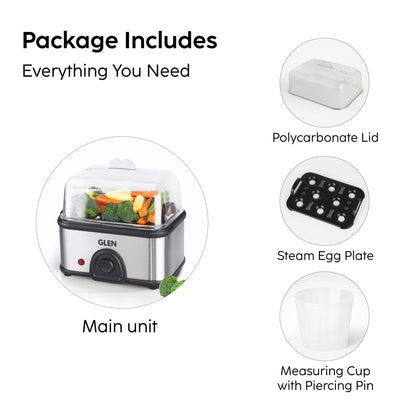GLEN Egg Boiler Steamer | Boils upto 8 Eggs | Ready Indicator, Extra Steaming Rack for Vegetables | Auto shut Off, Push Button Start 350W (SA3036EBS)