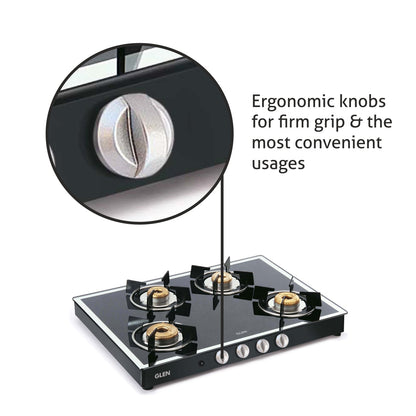 4 Burner Glass Gas Stove Mirror Finish 1 High Flame 3 Forged Brass Burners Auto Ign 70 CM Black (1048GT FBMBLAI)