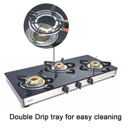 3 Burner Glass Gas Stove 1 High Flame 2 Brass Burners Double Drip trays (Z18242L)
