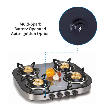 4 Burner Glass Gas Stove 1 High Flame 3 Brass Burner Auto Ignition Round Corners (1046 GTAI)