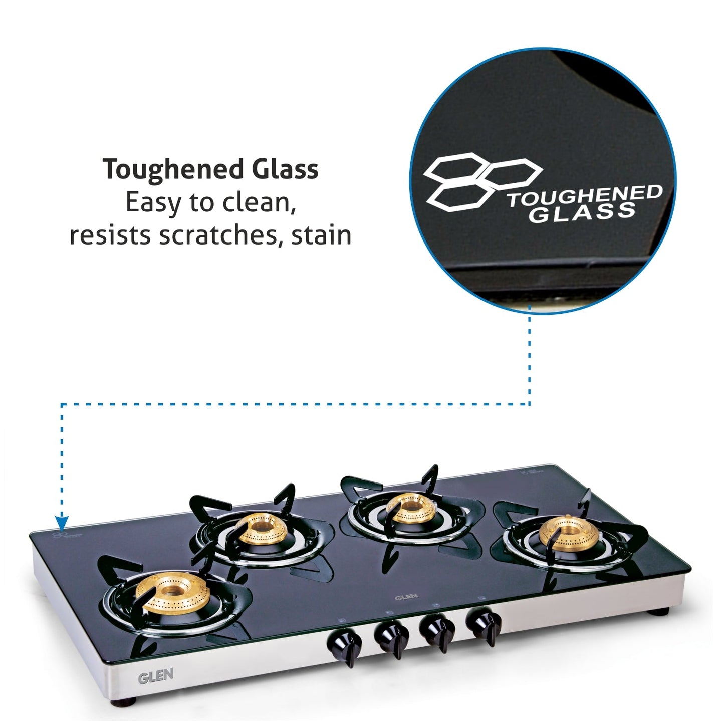 4 Burner Glass Gas Stove Extra Wide 1 High Flame 3 Brass Burners (1044 GTXL)