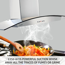 Kitchen Chimney Curved Glass, Push Buttons Baffle filter 90cm 1250 m3/h -Silver (6071 DX)