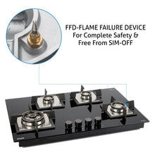 4 Burner Glass Hob Top Triple Ring, Double Ring Forged Brass Burner Flame Failure Device Auto Ign (1074 SQHTTRFFD)
