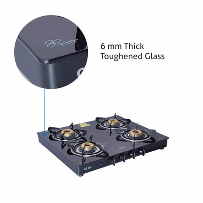 4 Burner Glass Gas Stove with Forged Brass Burner Auto Ignition 60 CM Black (1041 GT FB BL AI)