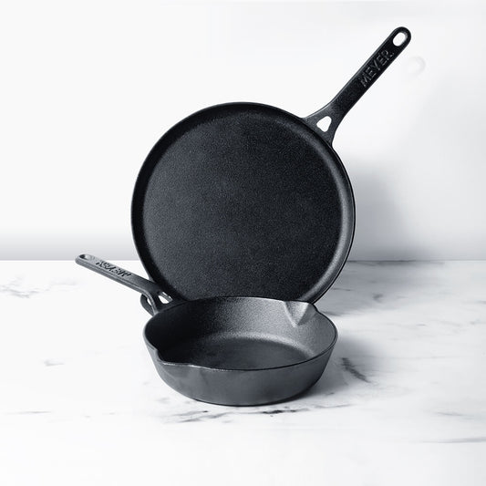 Meyer Pre-Seasoned Cast Iron 2pcs Set (20cm Frypan/Skillet + 28cm Flat Dosa Tawa)