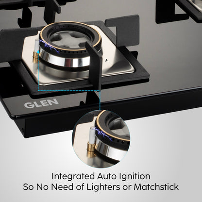 3 Burner Glass Hob Top with Triple Ring Burner Double Ring Forged Brass Burners Auto Ignition (1063 SQ HT DB TR)
