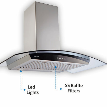 Kitchen Chimney Curved Glass, Push Buttons Baffle filter 90cm 1250 m3/h -Silver (6071 GF)