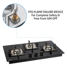 3 Burner Glass Hob Top Forged Brass Burners with Flame Failure Device Auto Ignition (1073 SQ HT DB FFD)