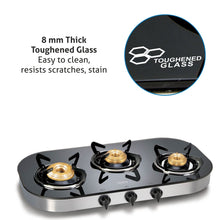 3 Burner Black Glass Gas Stove with High Flame Brass Burner (1036GT) - Manual/ Auto Ignition