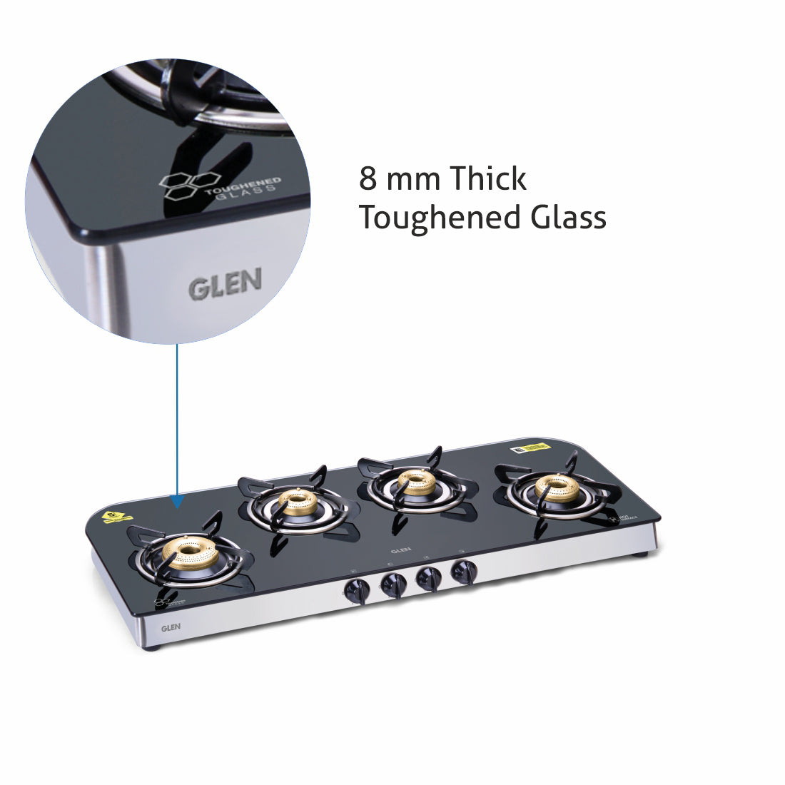 4 Burner Glass Gas Stove Extra Wide 1 High Flame 3 Forged Brass Burner (1049 GT FB)