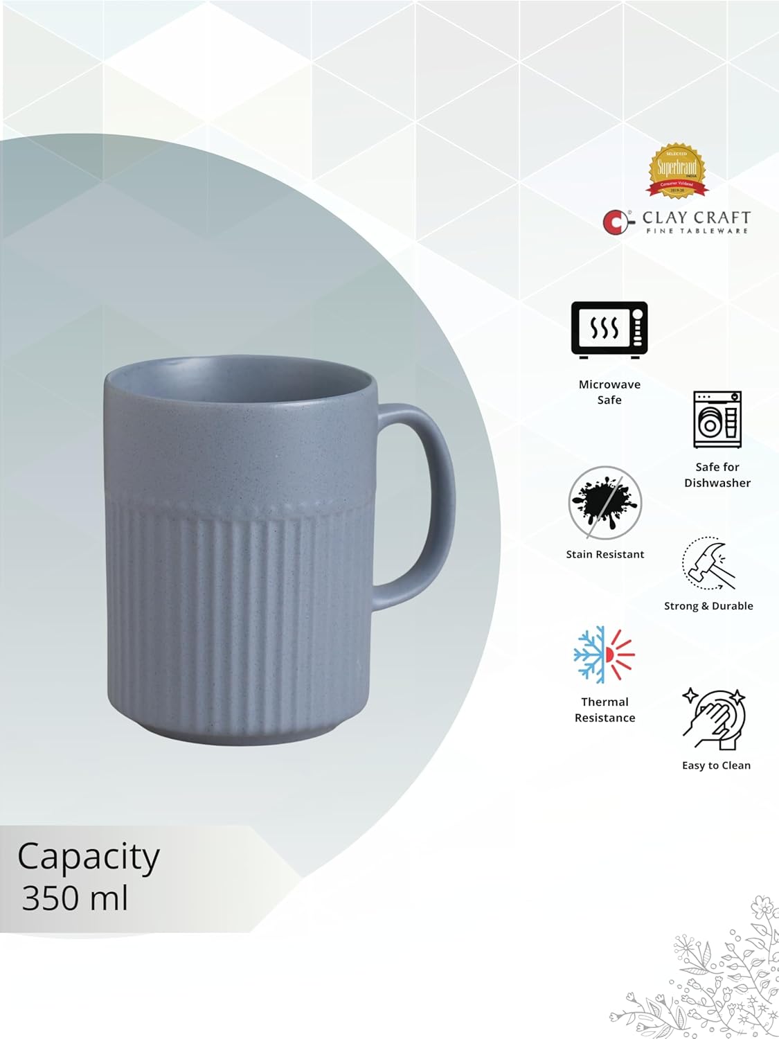 Claycraft Crimson Matte Pebble Blue Coffee/ Milk Mug, 1 Piece (350 ml)