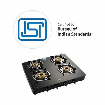 4 Burner Glass Gas Stove 1 High Flame 3 Brass Burners Black (1040 GTXL HF BB BL)