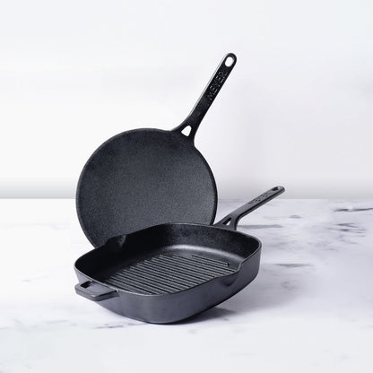 Meyer Cast Iron 2pcs Set, Induction friendly & Chemical free (25cm Grill pan + 26cm Roti Tawa)