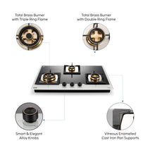 3 Burner Black and White Glass Gas Hob Top with Triple Ring, Total Double Ring Brass Burner (BH1073XLCIHTTDBBW)