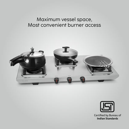 GLEN 3 Burner Ultra Tuff Stainless Steel Gas Stove with Multi Ring Forged Brass Burner & Drip trays (CT1053UTDTSS)