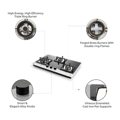 3 Burner Glass Hob Top (BH1073XLHTDBBW) + Auto Clean Glass Filterless Chimney with BLDC Motor 90cm 1400m3/h (6073 AC)