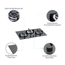 3 Burner Built in Glass Hob with Italian Double Ring Burners Auto Ignition (1073 SQ IN)