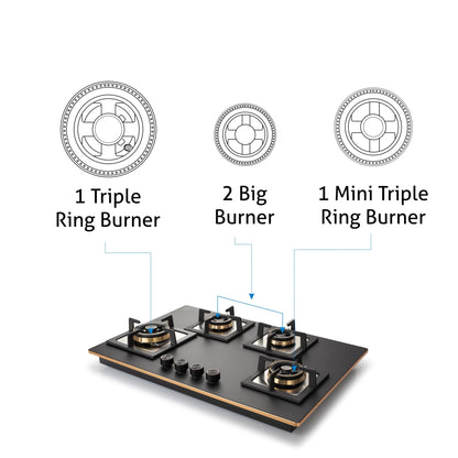 4 Burner Glass Gas Hob Top Mini Triple Ring Burner Double Ring Total Brass Burner Auto Ignition (1074SQHTT2TRMG)