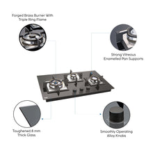 3 Burner Glass Hob Top Triple Ring Burner Double Ring Forged Brass Burners Auto Ignition (1073 SQHTDBTR)