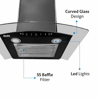 Auto Clean Chimney Curved Glass Baffle Filters with Motion Sensor 60/90cm 1200 mB3/h - Black (6063 BL)