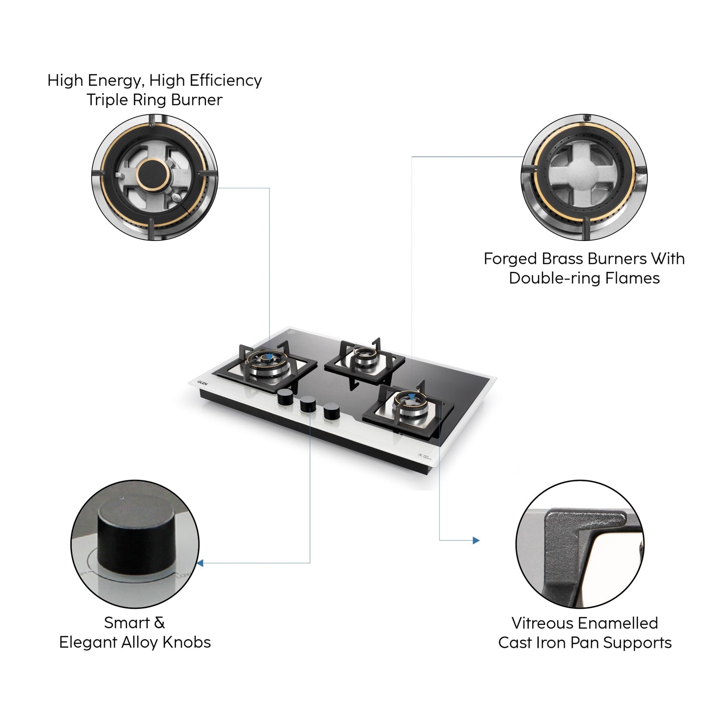 3 Burner Glass Hob Top Triple Ring Burner Double Ring Forged Brass Burners Auto Ignition (1073 XL SQ HT DB TR BW77)