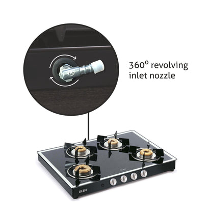 4 Burner Glass Gas Stove Mirror Finish 1 High Flame 3 Forged Brass Burners Auto Ign 70 CM Black (1048GT FBMBLAI)