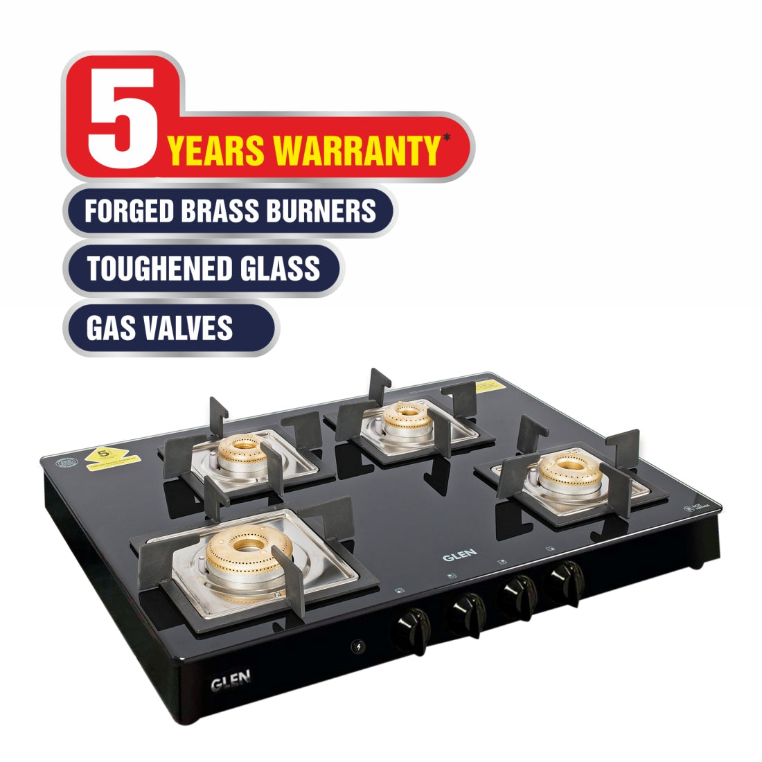 4 Burner Glass Gas Stove 1 High Flame 3 Forged Brass Burner Auto Ignition 70 CM Black(1048 GT SQBLFBAI)