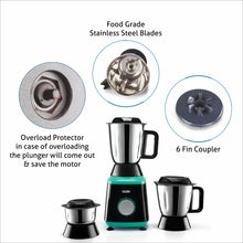 Mixer Grinder 750W 100% Copper Motor, 3 Stainless Steel Liquidiser, Grinder, Chutney Jars - Black & Green (4030)