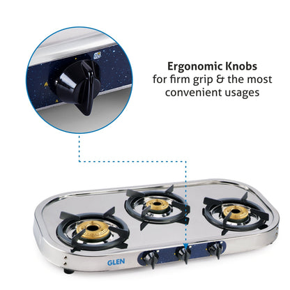 3 Burner Stainless Steel  Gas Stove with High Flame Brass Burner Drip Tray (1033 SS HFDT BB)
