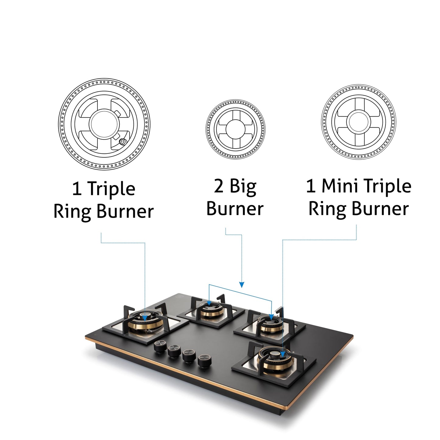 4 Burner Glass Gas Hob Top with Triple Ring, Total Double Ring Brass Burner (1094XLCIHTT2TRMG)