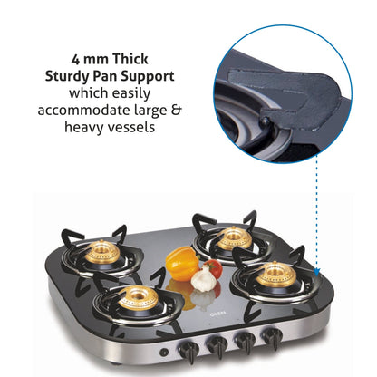 4 Burner Glass Gas Stove 1 High Flame 3 Brass Burner Auto Ignition Round Corners (1046 GTAI)