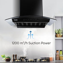 Auto Clean Curved Glass Filter less Kitchen Chimney with Motion Sensor 60/76/90cm, 1200 m3/h (6058 BL Auto Clean)