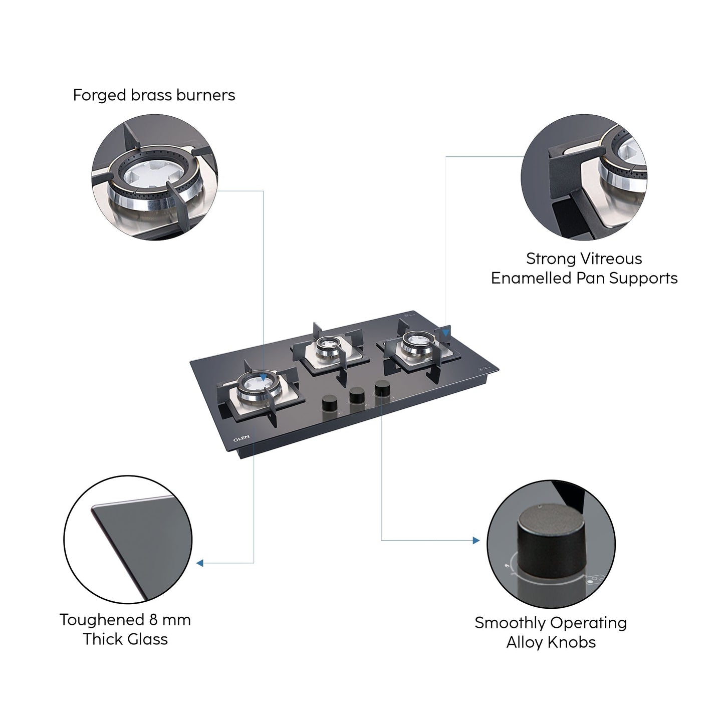 Glen 3 Burner Black Glass Hob Top 73