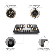4 Burner Glass Gas Hob Top with Triple Ring, Total Double Ring Brass Burner (1074CIHTTDBTR)