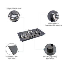 3 Burner Glass Hob Top with Double Ring Forged Brass Burners Auto Ignition (1073 SQ HT DB)