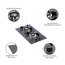2 Burner Built in Glass Hob with Double Ring Forged Brass Burners Auto Ignition (1012 RODB)